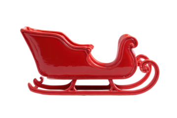 A classic Santa sleigh icon in bright red with curved runners, small gift details, clean crisp edges, and subtle shading for depth in a festive holiday symbol isolated on transparent background.