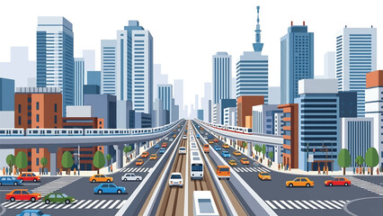 Modern Tokyo cityscape vector illustration showing a dense Japanese metropolis with generic skyscrapers, rail lines, and urban streets in flat solid colors, ideal for travel, business, and city themes © meeblues