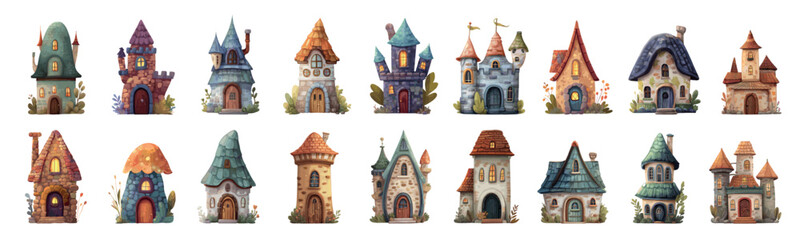 Naklejka premium houses fairytale cartoon set. Magical stone house castle tower, fairies gnomes fairytale rustic cozy childhood game book design magical world vector illustration
