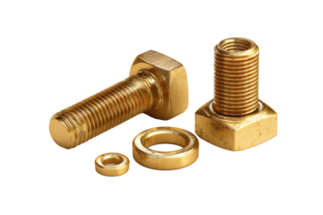 A brass hardware set with a bolt nut and washers, warm gold metal tone, realistic machining marks, clean threaded detail, and a neatly arranged small kit composition isolated on transparent background