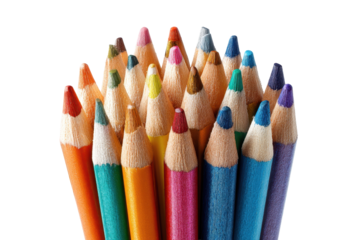 Bundle of colored pencils with sharpened aligned tips, natural wood casings, bright pigment cores, and crisp realistic texture details isolated on transparent background.