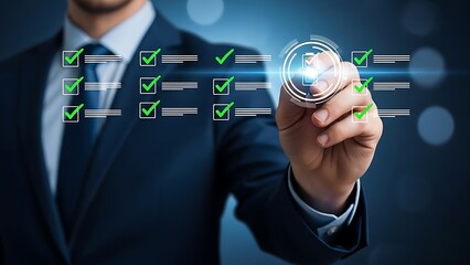 Man in a suit checking off tasks on a digital checklist with a glowing pen, symbolizing completion and success in business