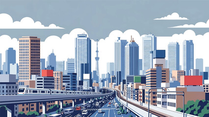 Modern Tokyo cityscape vector illustration showing a dense Japanese metropolis with generic skyscrapers, rail lines, and urban streets in flat solid colors, ideal for travel, business, and city themes © meeblues