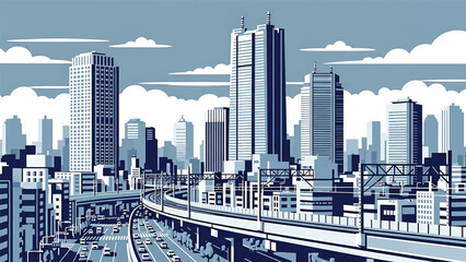 Modern Tokyo cityscape vector illustration showing a dense Japanese metropolis with generic skyscrapers, rail lines, and urban streets in flat solid colors, ideal for travel, business, and city themes © meeblues