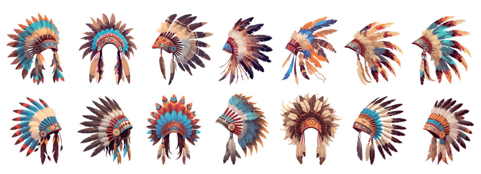 Indian headdress. Indians, chief tribe warrior feathers element traditional ethnic flower decoration masquerade ancient wild custom America vector illustration