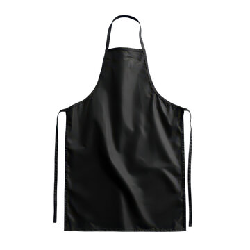 A black apron protective bib garment with a simple silhouette, neck loop, side ties, matte fabric look, and slight natural folds while hanging straight with a clean outline isolated on transparent bac