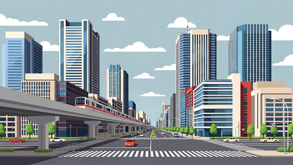 Modern Tokyo cityscape vector illustration showing a dense Japanese metropolis with generic skyscrapers, rail lines, and urban streets in flat solid colors, ideal for travel, business, and city themes © meeblues