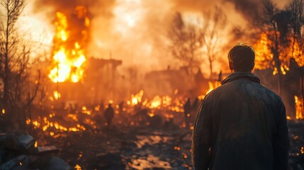 A man stands against the backdrop of a burning city. An illustration on the theme of the apocalypse and cinema, danger and film.