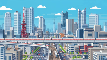 Modern Tokyo cityscape vector illustration showing a dense Japanese metropolis with generic skyscrapers, rail lines, and urban streets in flat solid colors, ideal for travel, business, and city themes © meeblues