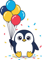 Obraz premium A cartoon penguin holds colorful balloons and confetti on a white background happily.