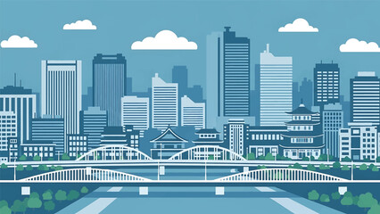 Obraz premium Osaka cityscape vector illustration featuring a lively Japanese urban skyline with generic buildings and river bridges in flat solid colors, perfect for travel, culture, and modern city background con