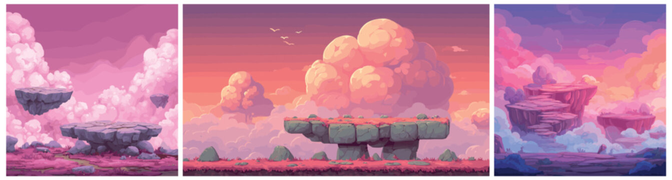 island stone Floating background. Pink cloudy cartoon game level set, rock cloud sky digital graphics computer arcade game vector illustration