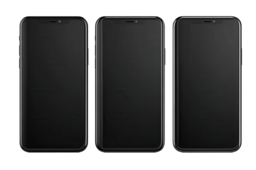 Three modern smartphones shown from the front with rounded rectangle bodies, dark inactive screens, slim bezels, and an evenly spaced clean lineup in a minimal device style isolated on transparent bac