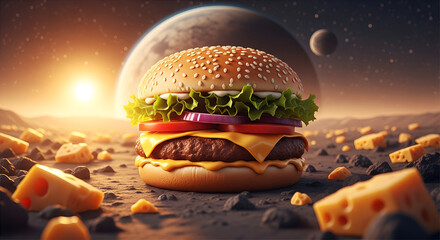 Celebrating national burger day with delicious burgers cosmic landscape food photography alien environment unique perspective