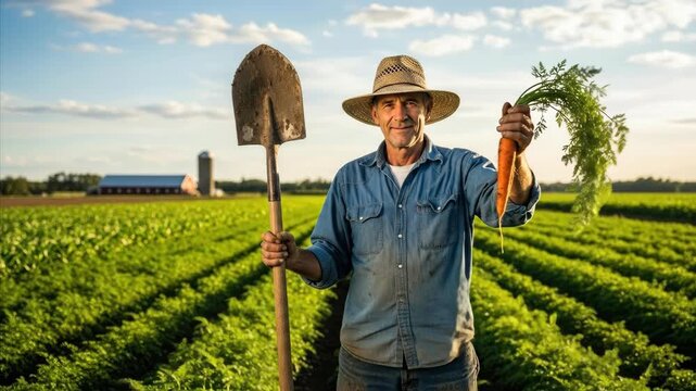 Farmer Standing in Lush Green Field Holding Shovel and Vegetable Seedlings on a Sunny Day
