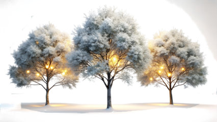 Three snow covered trees with warm lights isolated on a transparent background, realistic PNG element.