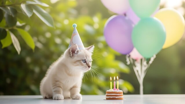 Cute kitten wearing a party hat celebrates birthday with cake and balloons outdoors.