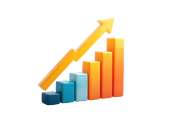 A 3D style financial bar chart with rising columns and a bold upward arrow, clean geometric shapes, crisp edges, strong depth shading, and a minimal business infographic look isolated on transparent b