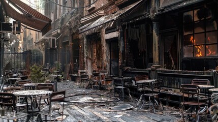 A deserted street with burnt buildings and overturned chairs. The scene shows remnants of a caf&eacute; with charred furniture and debris scattered around.
