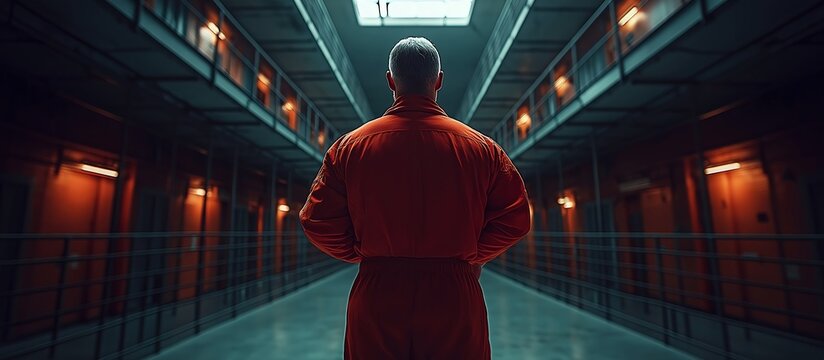 A prisoner in uniform in an empty prison building. An illustration on the theme of law and man, imprisonment, and film.