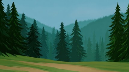 Fototapeta premium a cartoon forest background with tall trees, grass, and dirt paths