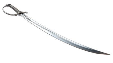 A sleek curved saber sword with a polished metallic blade, subtle edge reflections, detailed hilt and guard, and a clean sharp silhouette with crisp craftsmanship isolated on transparent background.
