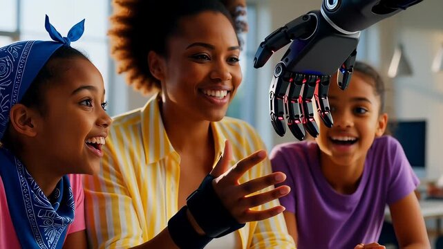 Happy teacher demonstrating a futuristic robotic hand to amazed girls in a bright classroom, illustrating STEM education and technology concepts.