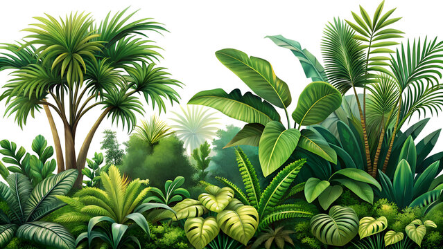 Lush green tropical jungle foliage border isolated on transparent background