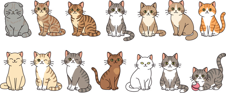 Cute Cat Characters Vector Set Featuring Different Breeds Colors and Sitting Poses in Flat Cartoon Style
