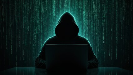 A hacker working on a computer surrounded by digital code representing cybersecurity threats and hacking.