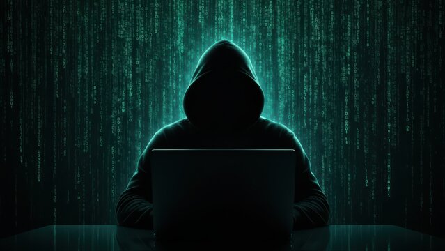 A hacker working on a computer surrounded by digital code representing cybersecurity threats and hacking. - Powered by Adobe