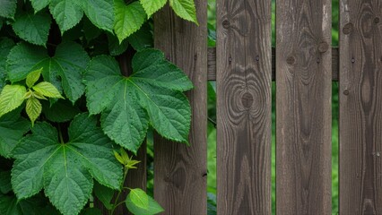 Green leaves with water droplets climbing against a weathered wood fence in a garden setting