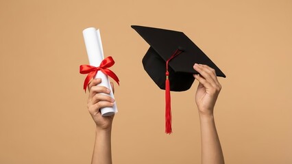Hands holding a graduation cap and diploma with a red ribbon celebrating achievement and reaching a goal at a party