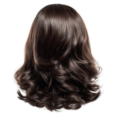 A dark brown wavy hair wig shown from the back with layered curls, soft natural shine, realistic strand clumping, full volume, and tapered ends with a flowing salon ready look isolated on transparent 