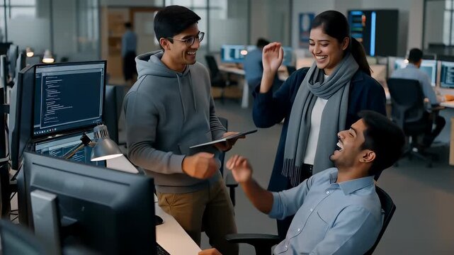Enthusiastic team of Indian software developers celebrating coding success with a high five in a modern blue office, illustrating teamwork and achievement.