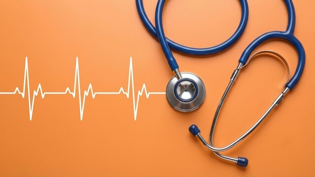 Blue stethoscope resting on an orange surface with a white heartbeat monitor generic representing healthcare and doctor care