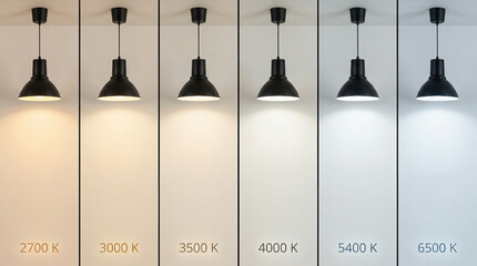 Black pendant lamps showcasing a warm to cool color temperature gradient from 2700 kelvin to 6500 kelvin