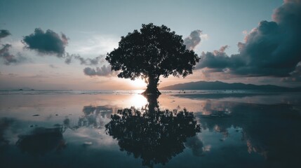 a beautiful tree in the middle of a lake, its reflection on the water.