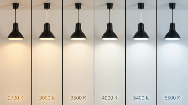 Black pendant lamps showcasing a warm to cool color temperature gradient from 2700 kelvin to 6500 kelvin