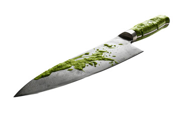 A chefs knife with a reflective steel blade and sharp edge highlight, textured handle, and a vivid green pesto smear across the blade for a culinary prop look isolated on transparent background.