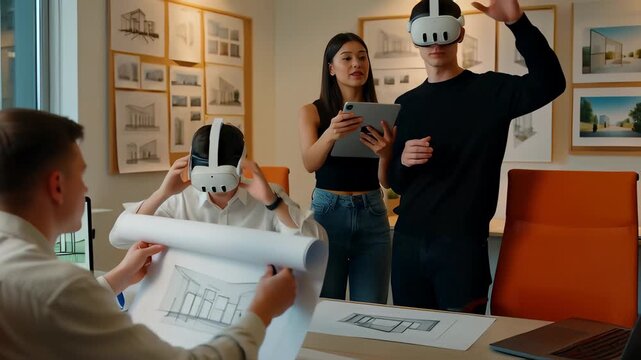 Team of architects utilizing virtual reality headsets and digital tablets for collaborative project planning in a bright modern office, illustrating future technology efficiency concepts.