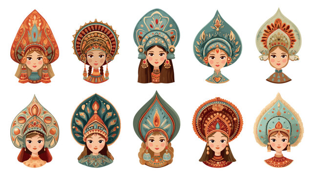 Slavic woman portrait set. Tsarina boyar princess, girl wearing traditional Russian kokoshnik royal headdress costume headdress Vector illustration