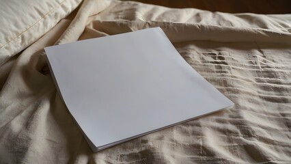 Blank Sheet of Paper on Bed, Minimalist Mockup Scene for Writing, Design or Branding, Clean Bedroom Background, Soft Natural Light, Simple Creative Concept