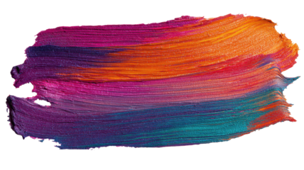 Thick multicolor paint smear stroke with buttery texture, visible brush ridges, blended hues of purple magenta orange and teal, and tapered swash ends isolated on transparent background.
