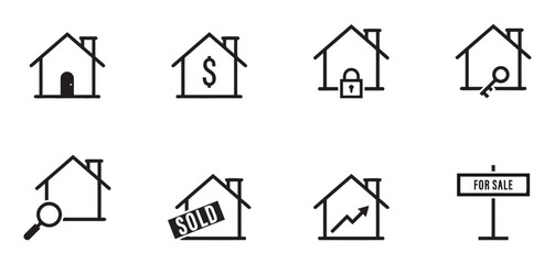 Collection of Real Estate Icon Set Featuring House Home Key Lock Magnifying Glass Sold Sign And Property Related Symbols Depicted With Simple Black Outlines