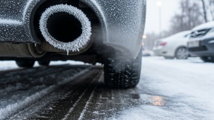 Exhaust pipe emitting smoke on snowy street in winter  