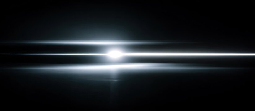 Bright horizontal light flares emanate from a central point on a dark background