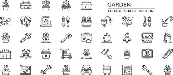 Collection of garden icons in simple line style displayed on a clean white background from a straightforward viewpoint