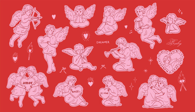 Cupid hand drawn line brush illustration set. Valentines day cherub doodle coquette cupid.