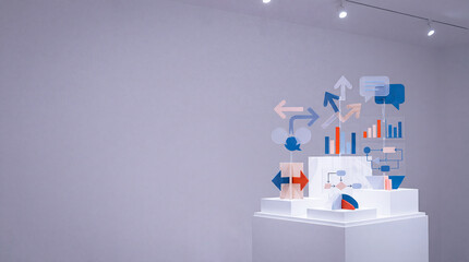 A 3D graphic representation of various business charts and graphs displayed on a white pedestal in a room with a purple wall and ceiling lights